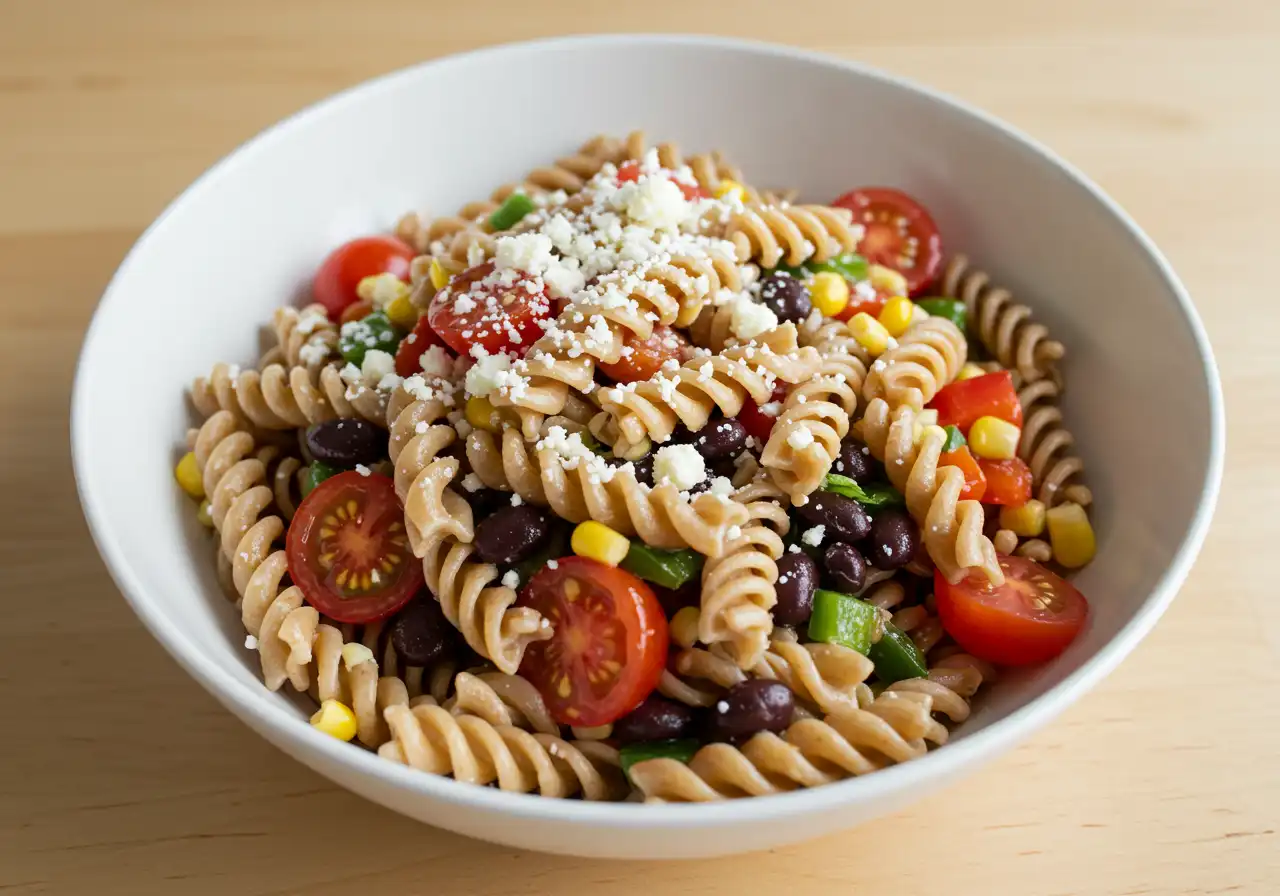 Close-up of healthy Mexican pasta salad featuring whole wheat fusilli, cherry tomatoes, black beans, corn, and crumbled cotija cheese in white bowl