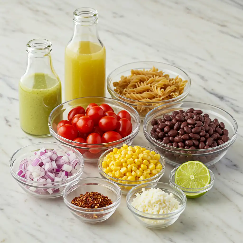 Fresh ingredients for healthy Mexican pasta salad including whole wheat pasta, cherry tomatoes, black beans, corn, red onions, lime dressing, and cotija cheese arranged on marble surface