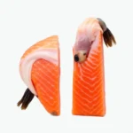 Raw salmon kama (fish collar) cut showing marbled flesh texture and fin, displayed on white background