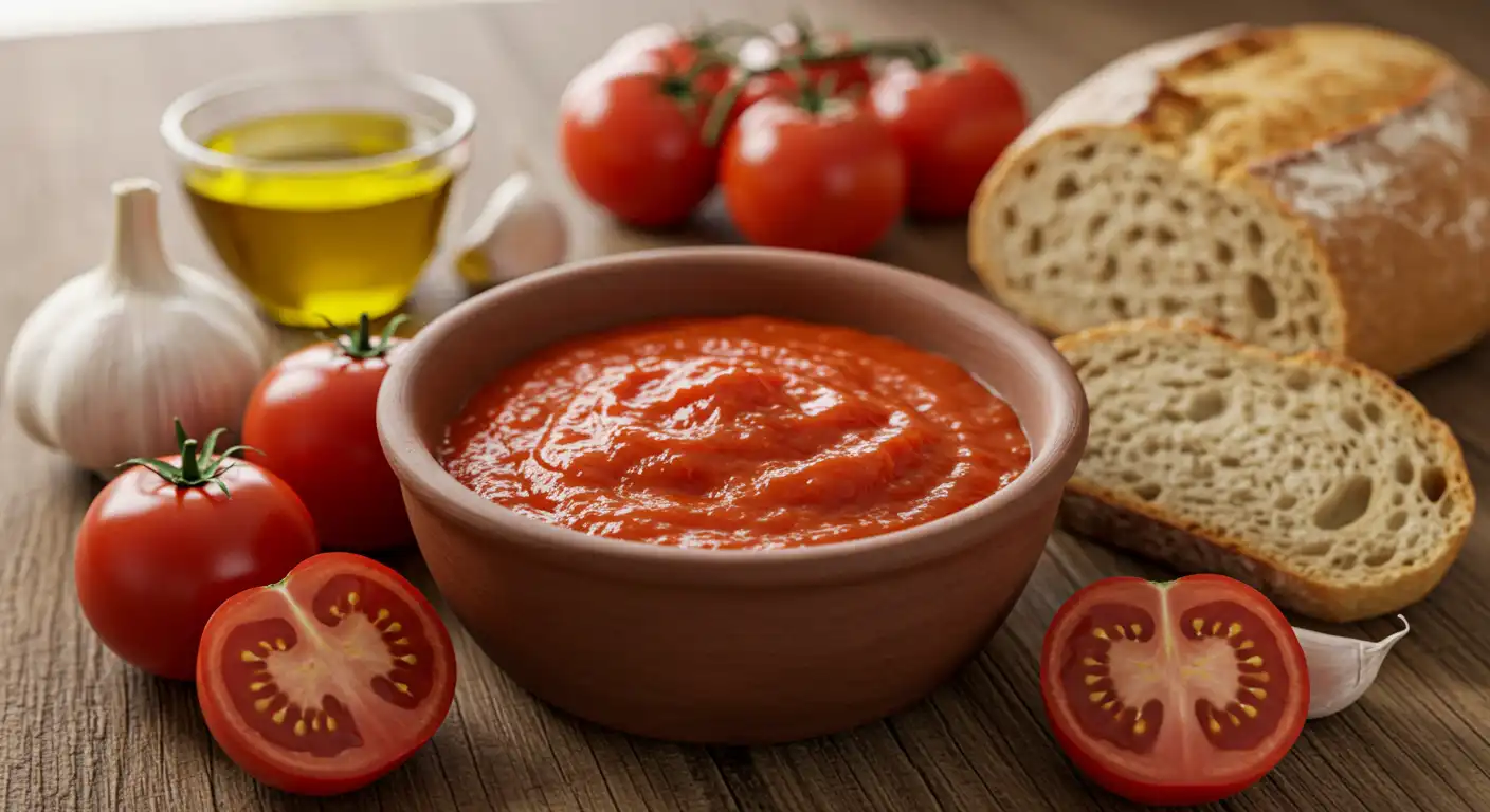 Homemade tomato sauce in a rustic bowl surrounded by fresh tomatoes, garlic, olive oil, and crusty bread