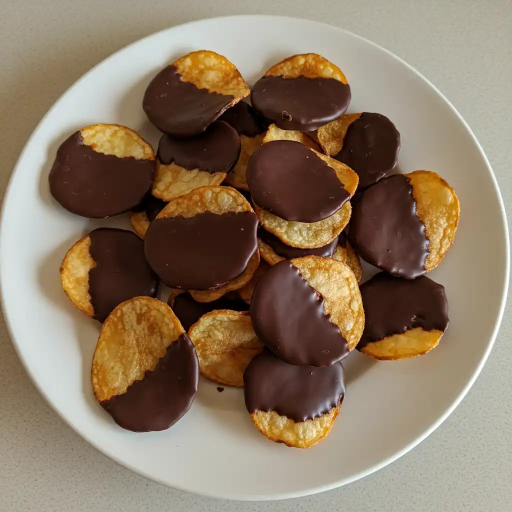 A white plate filled with golden potato chips partially dipped in smooth, rich chocolate, highlighting a sweet-and-salty contrast , Sweet and salty snack , Homemade dessert , chocolate covered chips , Easy recipe