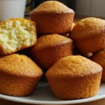 A close-up of a freshly baked Portuguese muffin with a golden-brown crust and soft, fluffy interior, resting on a kitchen counter.