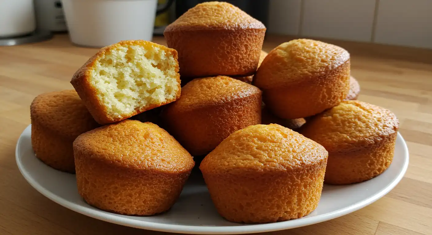 A close-up of a freshly baked Portuguese muffin with a golden-brown crust and soft, fluffy interior, resting on a kitchen counter.