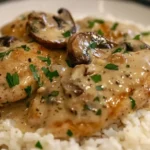 Creamy chicken with sautéed mushrooms served over white rice, garnished with chopped parsley.