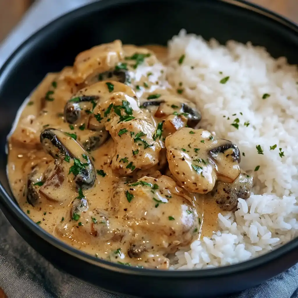 Creamy Chicken Mushroom with Rice with sautéed mushrooms served over white rice, garnished with chopped parsley.