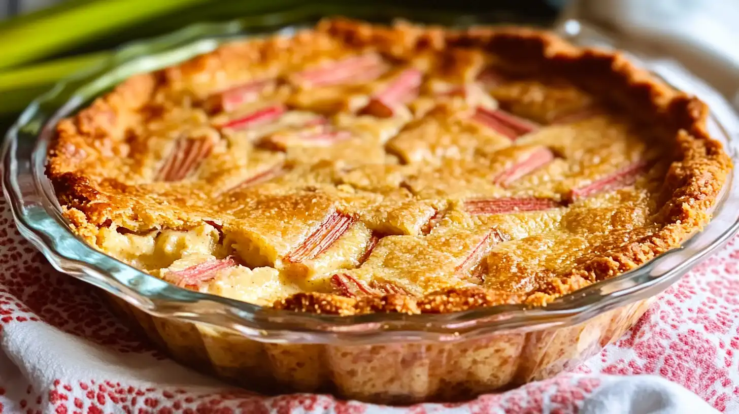 Crustless rhubarb custard pie in a glass dish with a golden top and pieces of pink rhubarb, resting on a rustic table.
