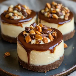 Three mini no bake turtle cheesecakes with caramel, chocolate, and nut topping
