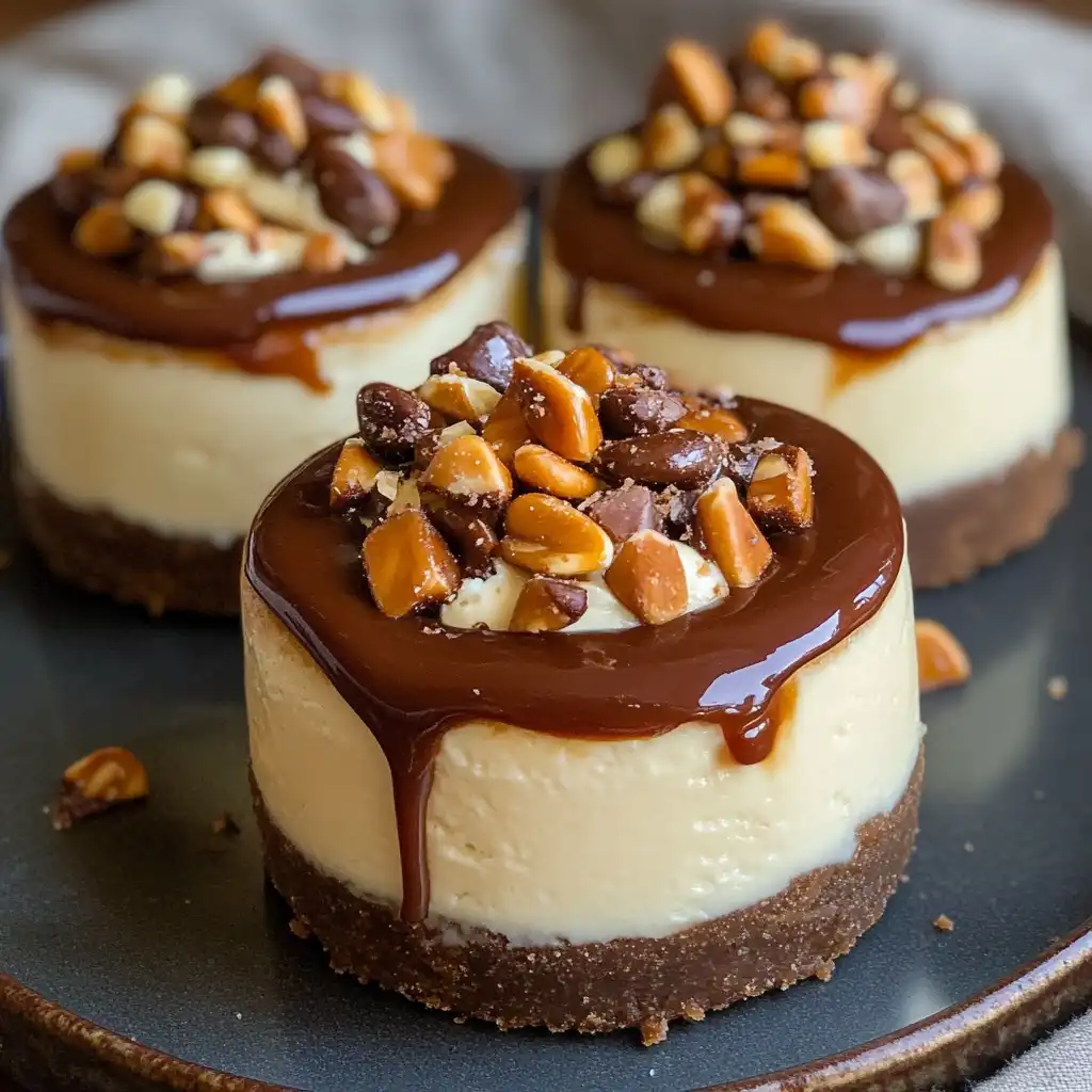 Three mini no bake turtle cheesecakes with caramel, chocolate, and nut topping
