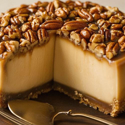 Overhead view of a no-bake vegan caramel pecan cheesecake topped with glossy caramel sauce and roasted pecans.