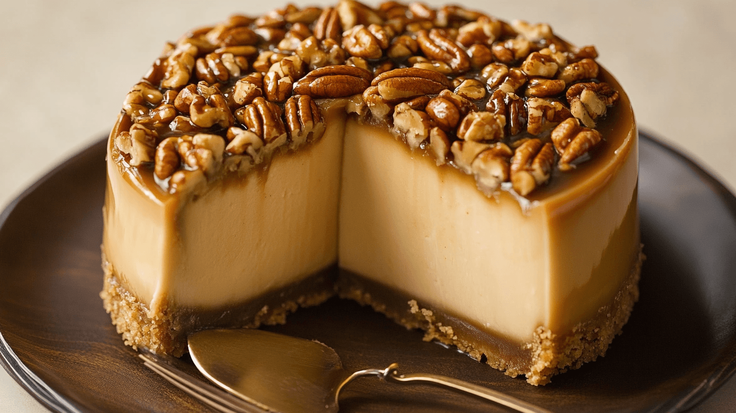 Overhead view of a no-bake vegan caramel pecan cheesecake topped with glossy caramel sauce and roasted pecans.