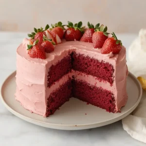Two-layer vegan strawberry cake with pink frosting and fresh strawberries on top.