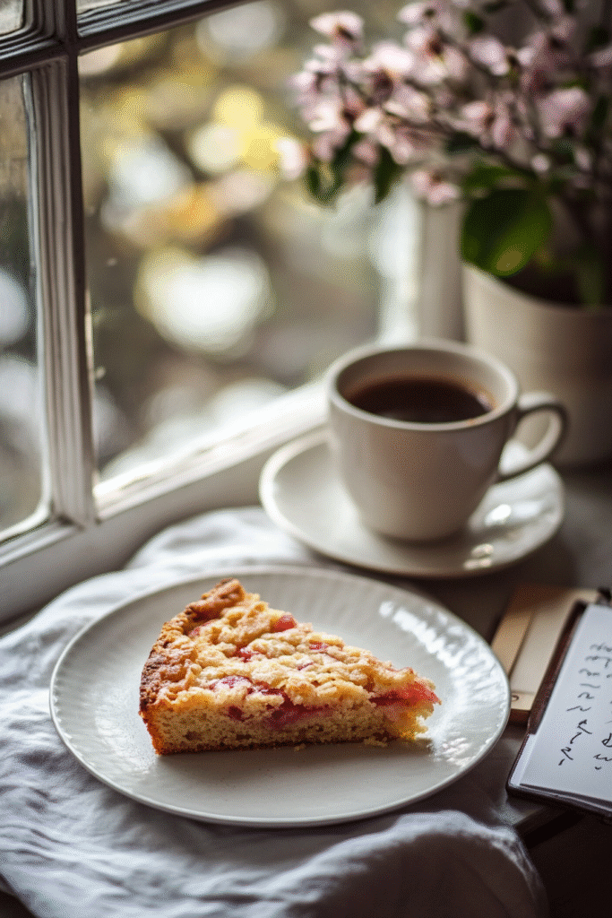 A slice of rhubarb cake on a white plate next to a cup of coffee by a window