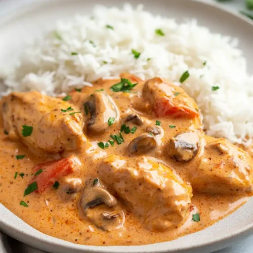 Creamy chicken mushroom with rice served on a white plate, showcasing tender chicken in a rich, paprika-tinted sauce with mushrooms.