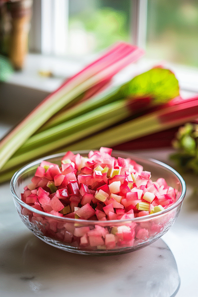 Chopped fresh rhubarb in a glass bowl with whole rhubarb stalks in the background