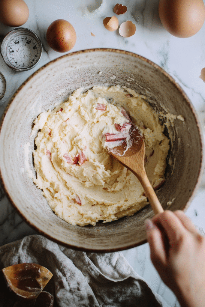 Rhubarb cake batter being mixed in a ceramic bowl with a wooden spoon on a marble counter