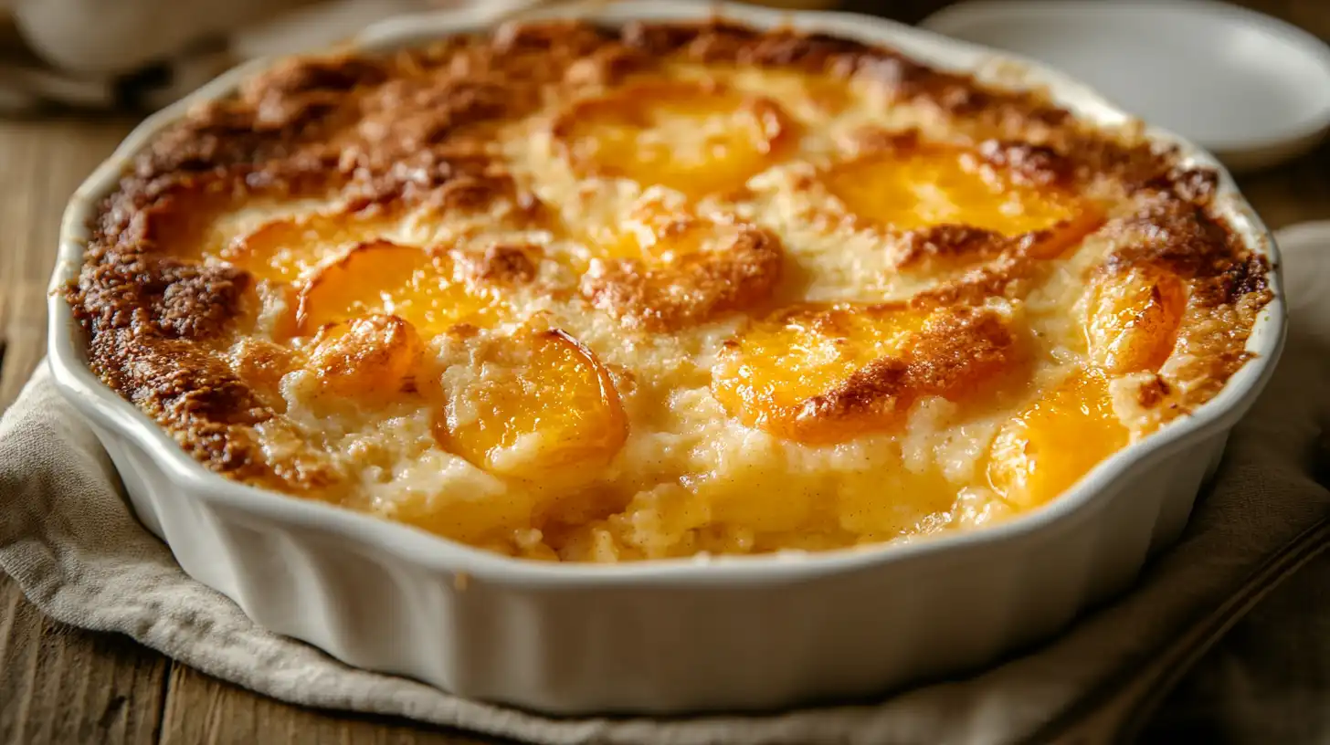 Nectarine Recipes Golden brown nectarine cobbler baked in a white ceramic dish