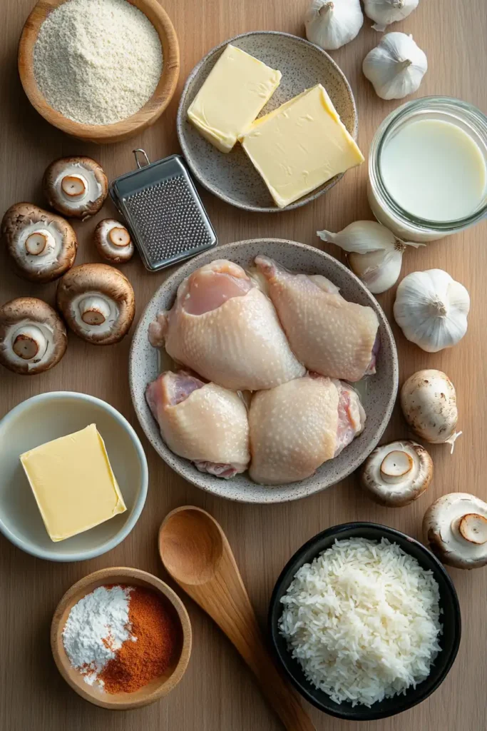Flat lay of raw ingredients for creamy chicken mushroom with rice, including chicken thighs, mushrooms, butter, garlic, parmesan, and rice.