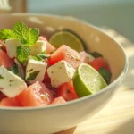 Fresh watermelon feta salad with red onion and mint served in a white bowl on a rustic wooden table, styled for summer