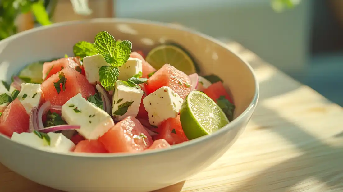 Fresh watermelon feta salad with red onion and mint served in a white bowl on a rustic wooden table, styled for summer