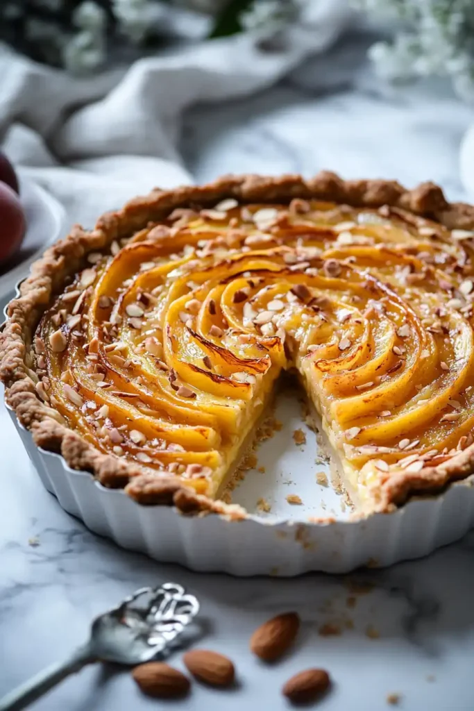 Nectarine Recipes Elegant nectarine and almond tart with spiral fruit pattern in fluted pan