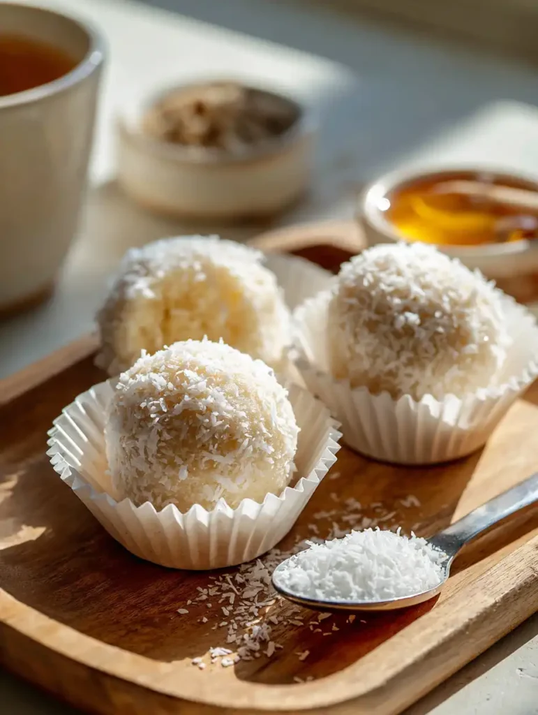 No-bake coconut snowballs in white mini cupcake liners on a wooden tray