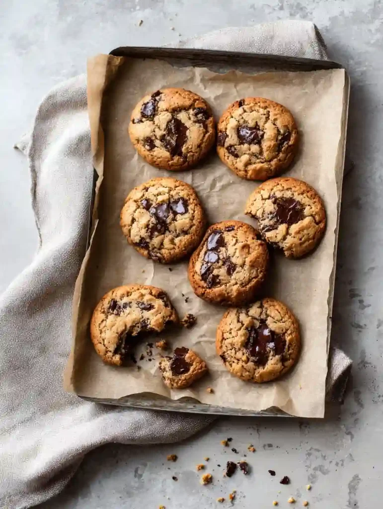 Easy Sweets with 3 Ingredients Almond butter chocolate chip cookies on parchment over marble with linen napkin