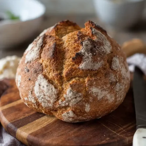 Crusty round loaf of gluten-free Irish soda bread on a wooden cutting board with rustic background