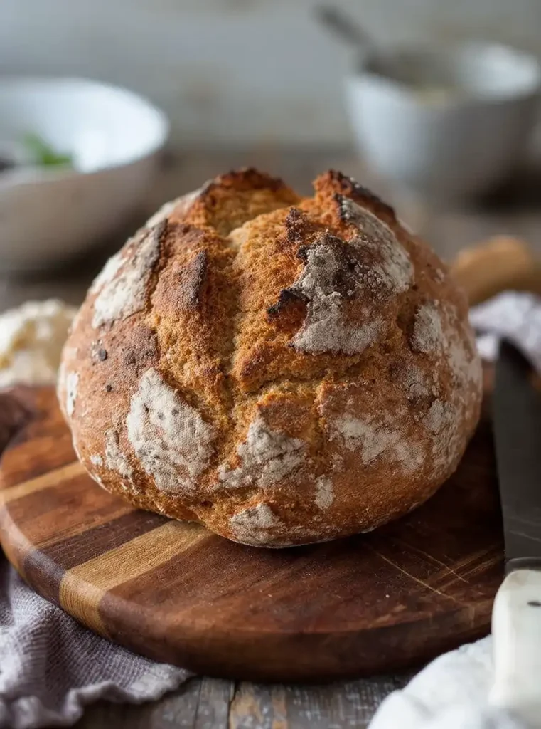 Crusty round loaf of gluten-free Irish soda bread on a wooden cutting board with rustic background