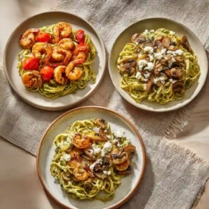 Three avocado pasta plates with different toppings: shrimp and tomatoes, mushrooms with feta, and a combination of shrimp, mushrooms, and feta cheese