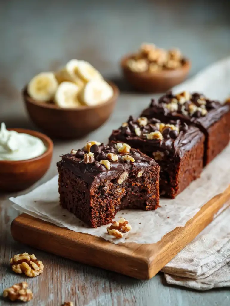 Frosted chocolate cake squares with walnuts and banana slices in background