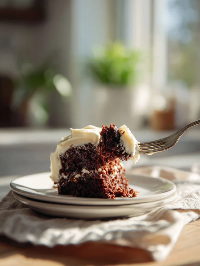 Fork lifting a bite of chocolate cake with white frosting in sunlit setting