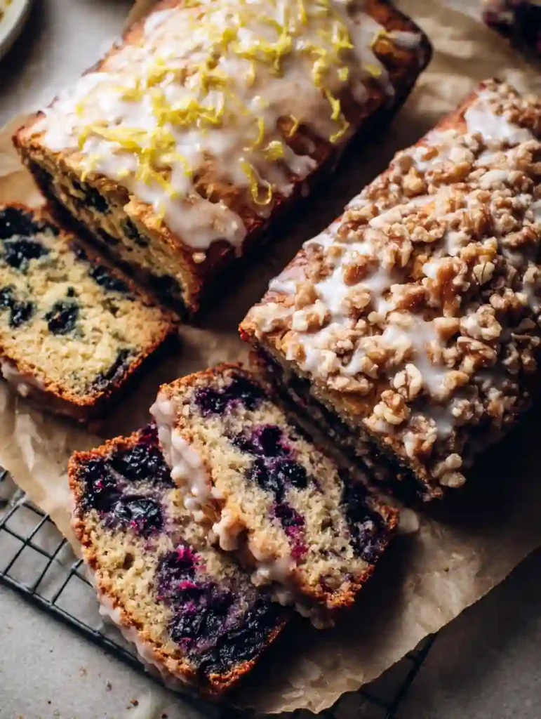 Blueberry zucchini bread loaves with lemon glaze and walnut streusel