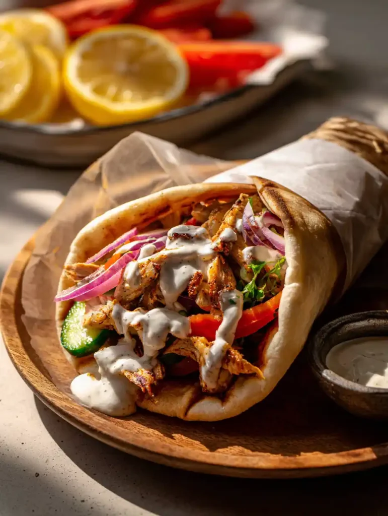 pita wrap stuffed with chicken shawarma, cucumbers, and tahini sauce