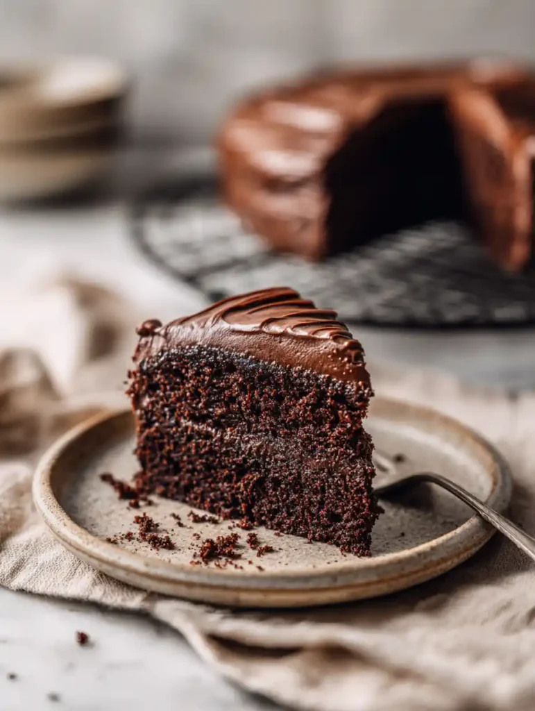 Chocolate cake slice on ceramic plate with soft frosting and crumbs