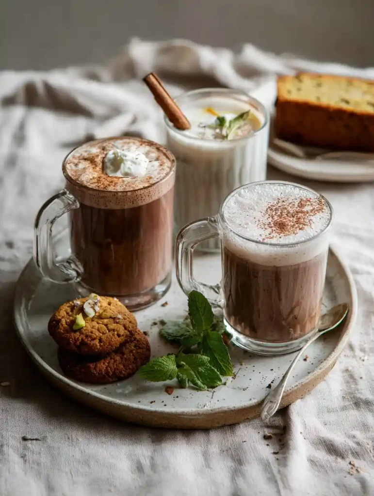 Three variations of cocoa and tea in glass mugs with cookies and mint on a serving plate, lemon zucchini bread in background
