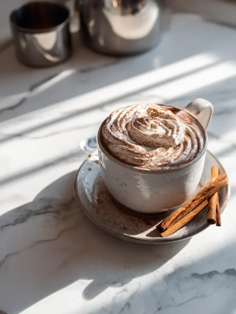Cup of cocoa and tea with whipped oat cream and cinnamon sticks on a marble countertop in soft sunlight
