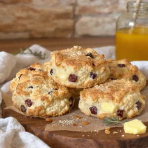 Cranberry Irish soda bread scones stacked on parchment with melted butter