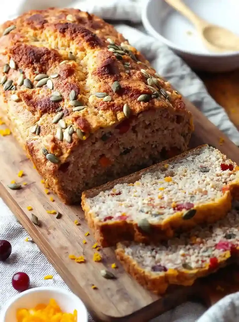 Moist loaf of savory soda bread with cranberries, pumpkin seeds, and orange zest