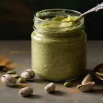 Jar of pistachio butter with spoon and scattered shelled pistachios