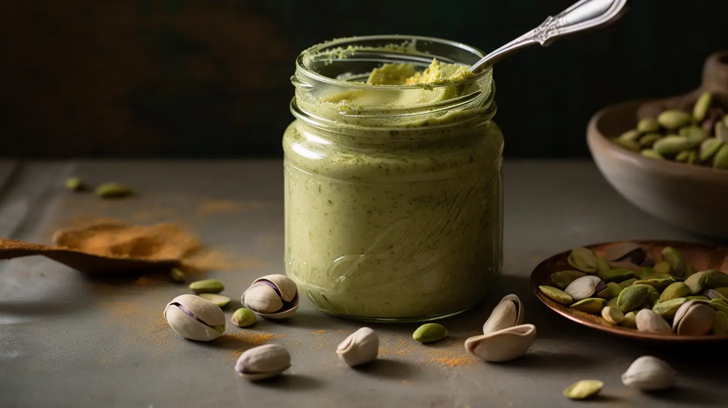 Jar of pistachio butter with spoon and scattered shelled pistachios