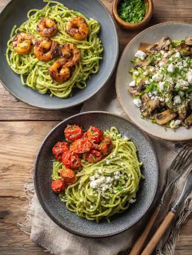 Three plates of avocado pasta with different toppings: grilled shrimp, cherry tomatoes with feta, and sautéed mushrooms with herbs