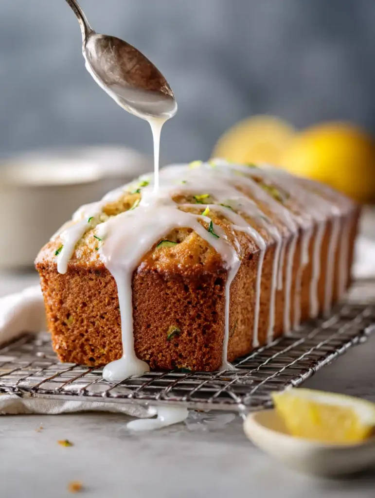 Lemon glaze being drizzled over fresh lemon zucchini bread on a wire rack