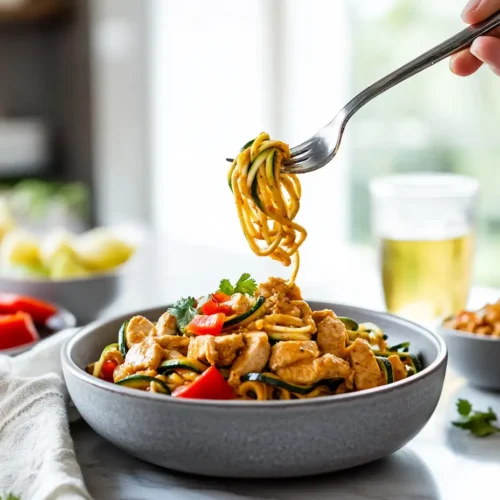 Bowl of Peanut Chicken Zucchini Noodles served on a marble dinner table with soft lighting