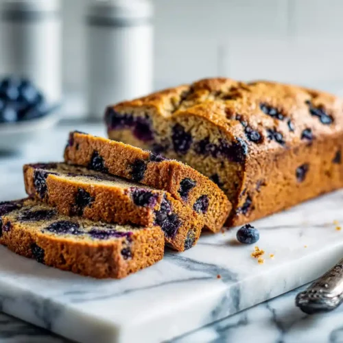 Sliced blueberry zucchini bread on a white marble slab with fresh blueberries