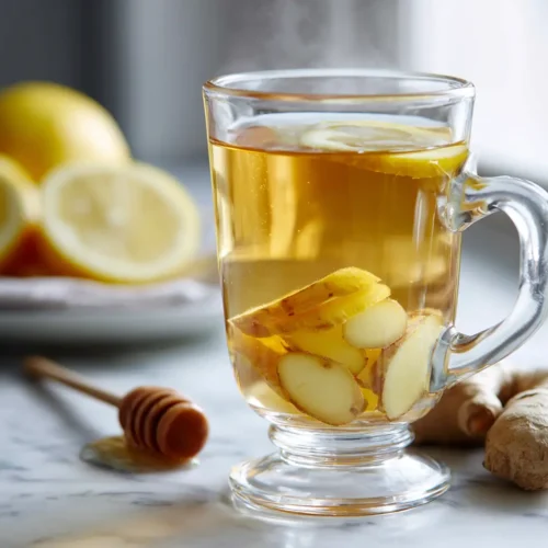 Tea with ginger honey lemon in a clear glass mug on marble countertop