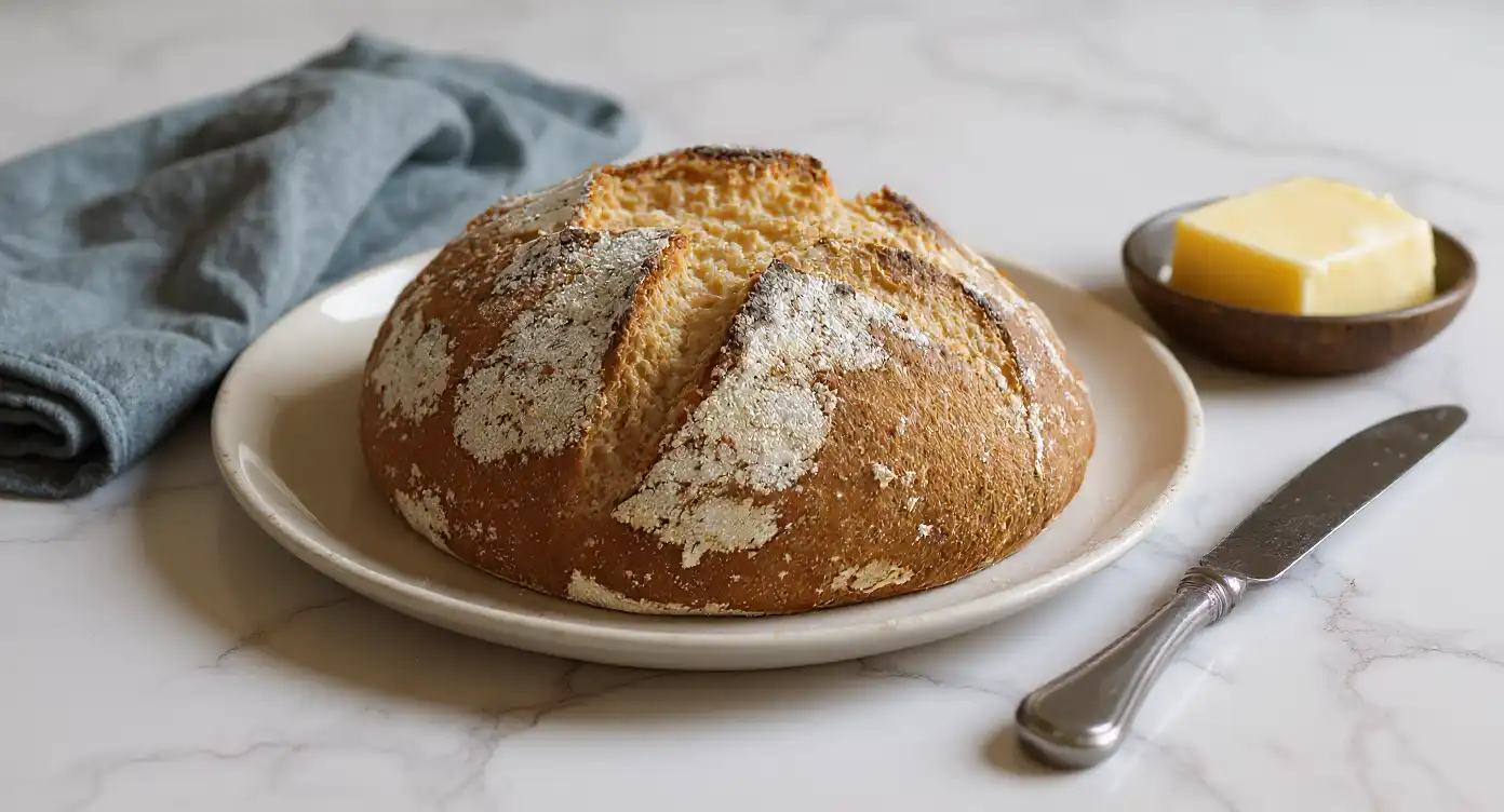 Freshly baked gluten-free Irish soda bread on a white plate with butter and knife on marble background