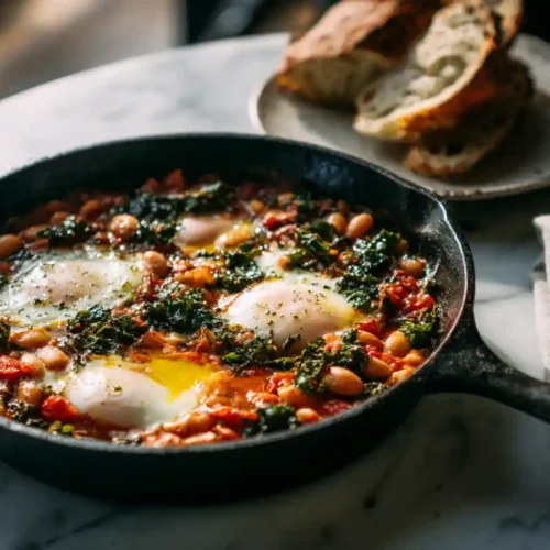 Tuscan Farmers Breakfast with poached eggs, white beans, kale, and tomatoes in a cast iron skillet on a marble surface