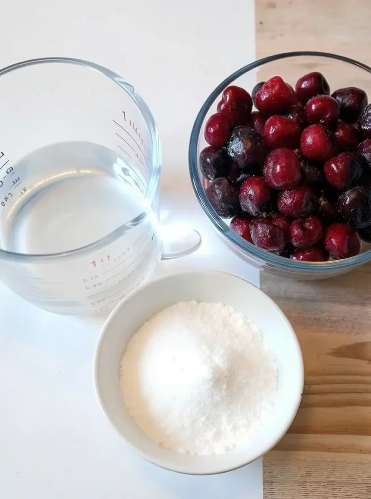 Ingredients for homemade cherry syrup including frozen cherries, sugar, and water in glass bowls
