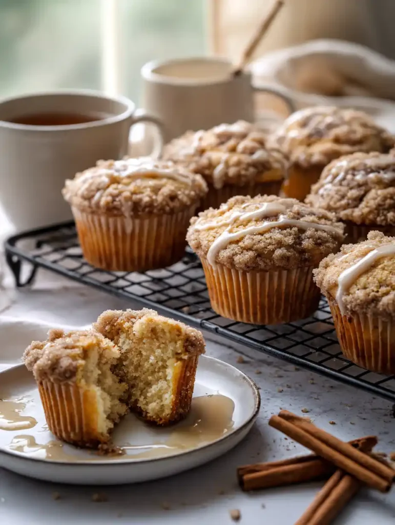 Coffee cake muffins with vanilla glaze cooling on a rack beside hot tea