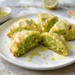 Freshly baked matcha scones with lemon glaze on a white plate, styled with matcha powder and lemon